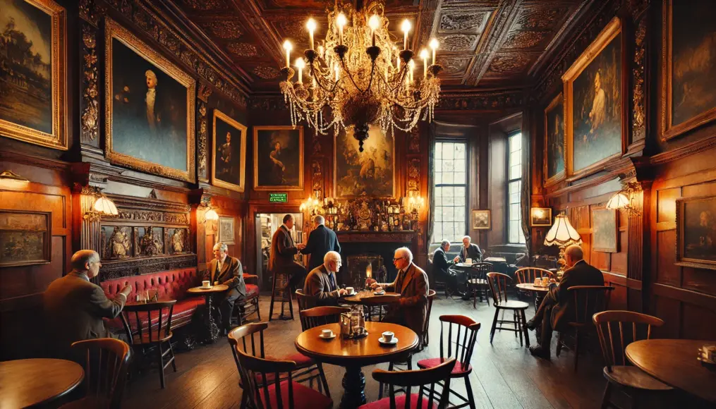 The interior of a historic London coffeehouse, featuring wooden furnishings and chandeliers that create a classic ambiance.