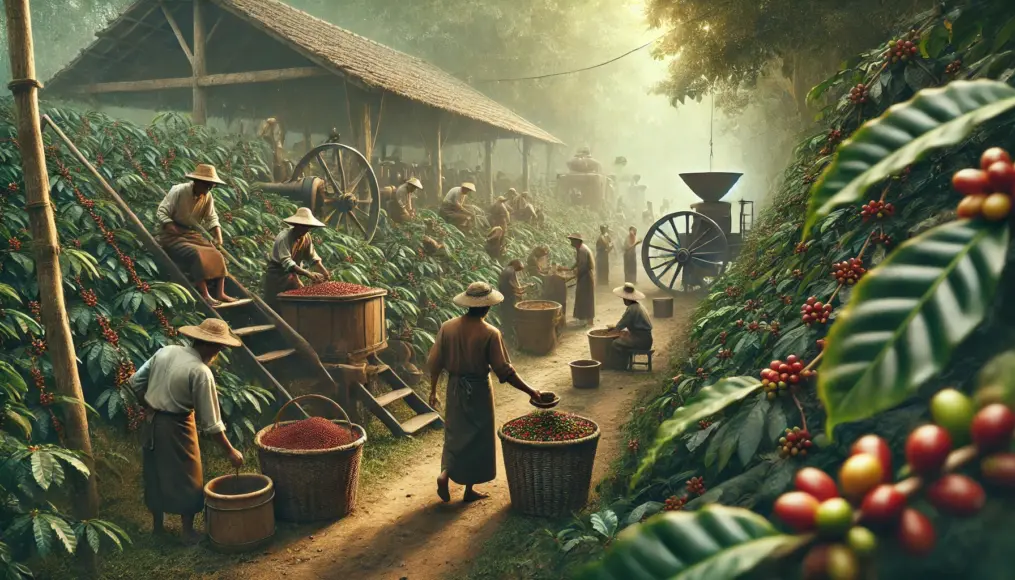 A historical coffee farm where farmers are seen harvesting coffee manually and processing it using traditional methods, realistically depicted.