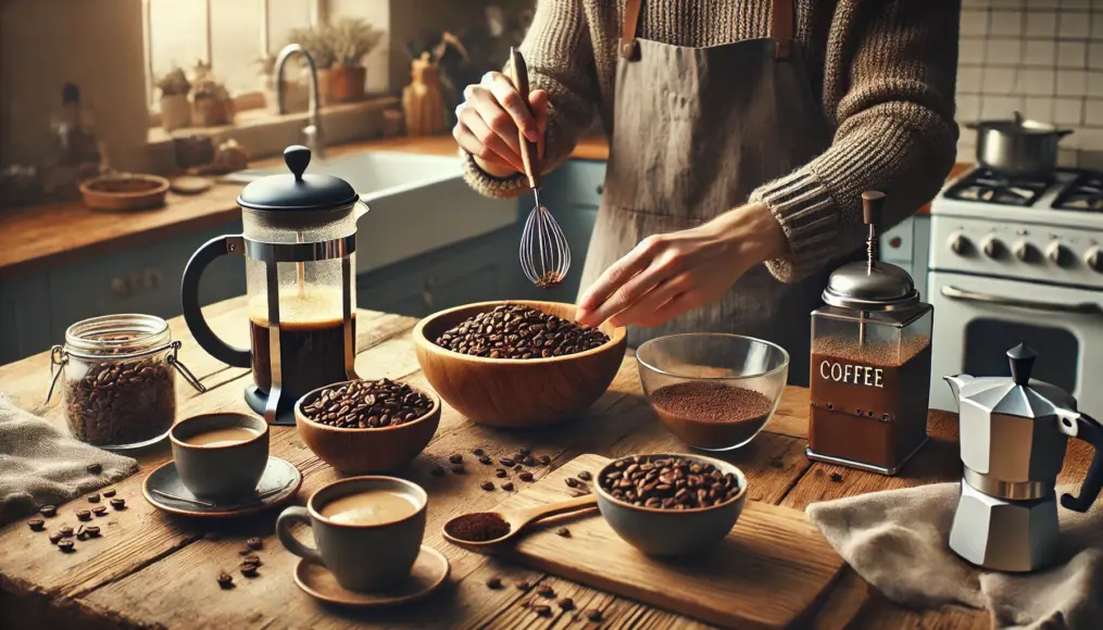 A scene showing the joy of blending coffee at home, mixing beans by hand