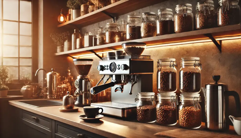 A home coffee counter with an espresso machine, various coffee beans, and cups neatly arranged.