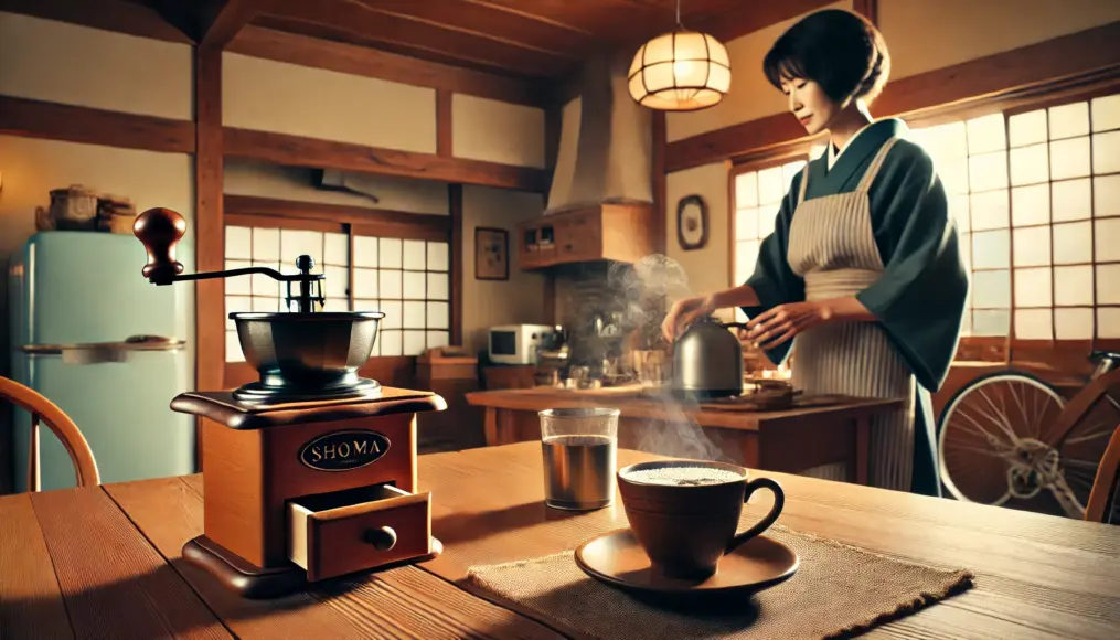 A Japanese housewife brewing coffee at home. On the kitchen table, there is a mill and a dripper, with steam rising from a cup. The background features a typical Japanese household from the Showa era.