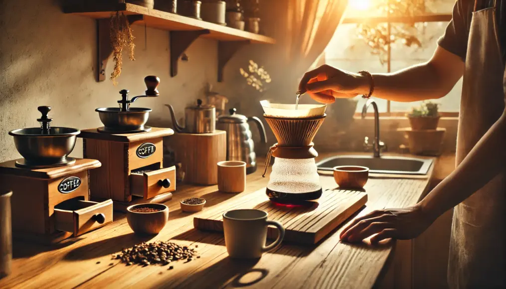 A home brewing scene featuring hand-drip coffee. A wooden countertop is neatly arranged with coffee-making tools, and a pair of hands carefully pours hot water over coffee grounds, capturing the essence of the Third Wave experience at home.