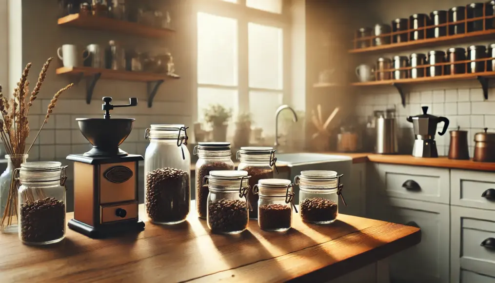 Freshly stored coffee beans in a home kitchen