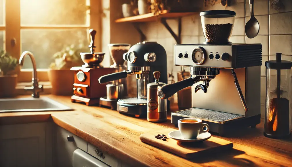 A home espresso machine on a counter, with freshly ground coffee and an espresso cup beside it.