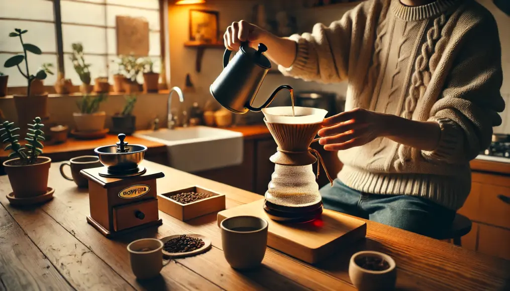 A home brewing scene featuring Mandheling coffee. Freshly brewed coffee being enjoyed in a relaxing living space.