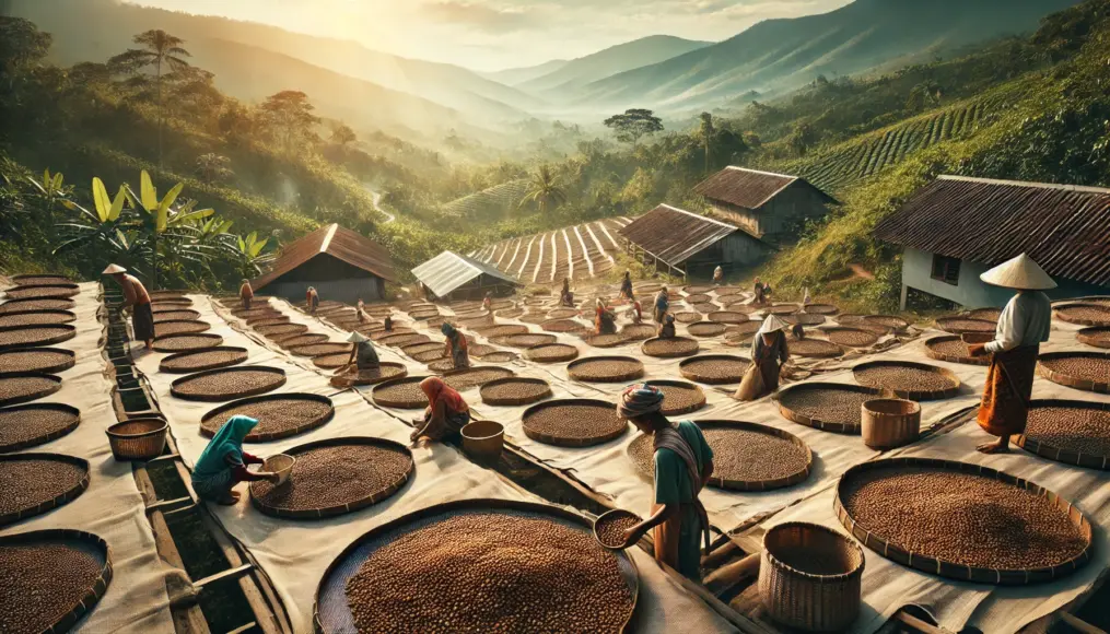 Indonesian coffee beans being sun-dried on a farm, carefully spread out for even drying.