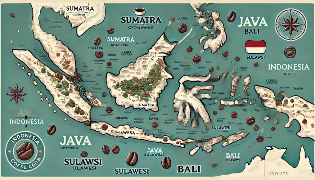 A map showing Indonesia's coffee-growing regions, highlighting major areas such as Sumatra, Java, Sulawesi, and Bali.