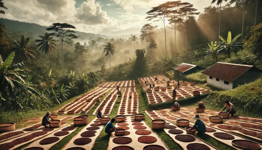 A coffee farm in Indonesia where Mandheling beans are being sun-dried