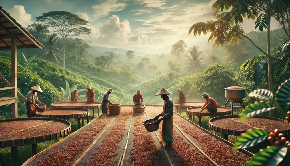 At an Indonesian coffee farm, processed coffee beans are spread out on drying racks, with workers manually leveling them to ensure even drying