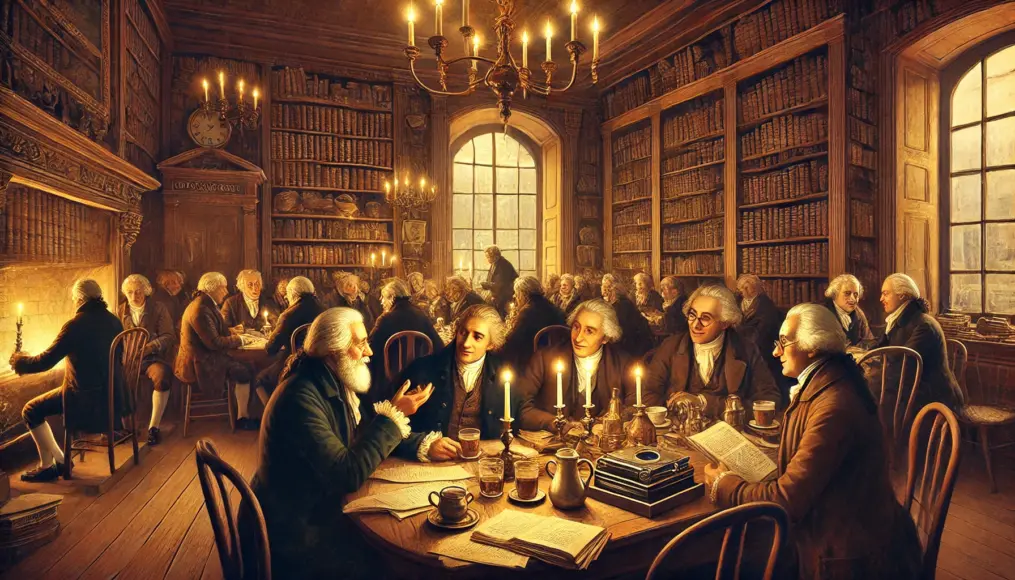 A group of intellectuals debating at a café table in the 18th century, with open books and animated conversations