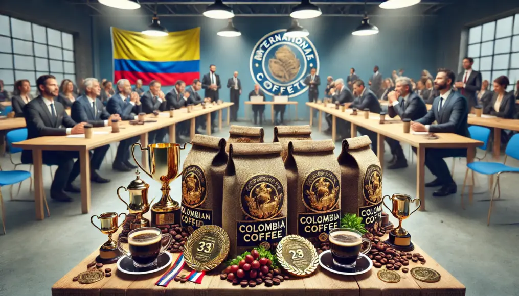 Award-winning Colombian coffee displayed at an international coffee competition