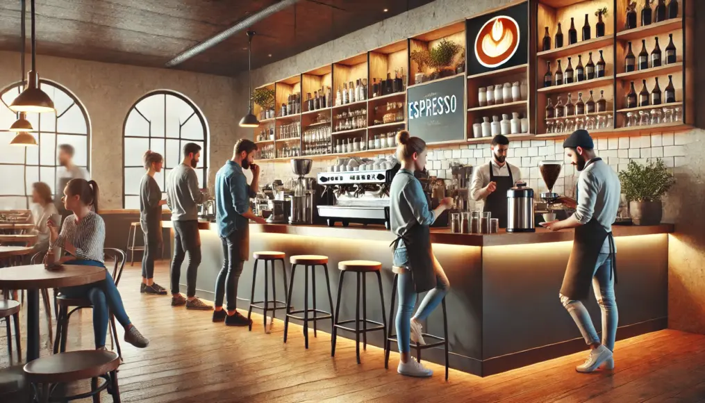 A typical scene at an Italian espresso bar. Patrons stand and enjoy espresso while baristas work busily behind the counter.