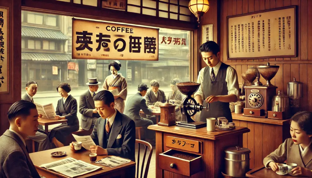 A café in early Showa-era Japan. A barista behind a wooden counter grinds coffee beans using a manual coffee mill. Inside, modern-dressed customers sip coffee while reading newspapers. A retro sign hangs by the window, and outside, a woman in a kimono approaches the shop, possibly for a takeout order.