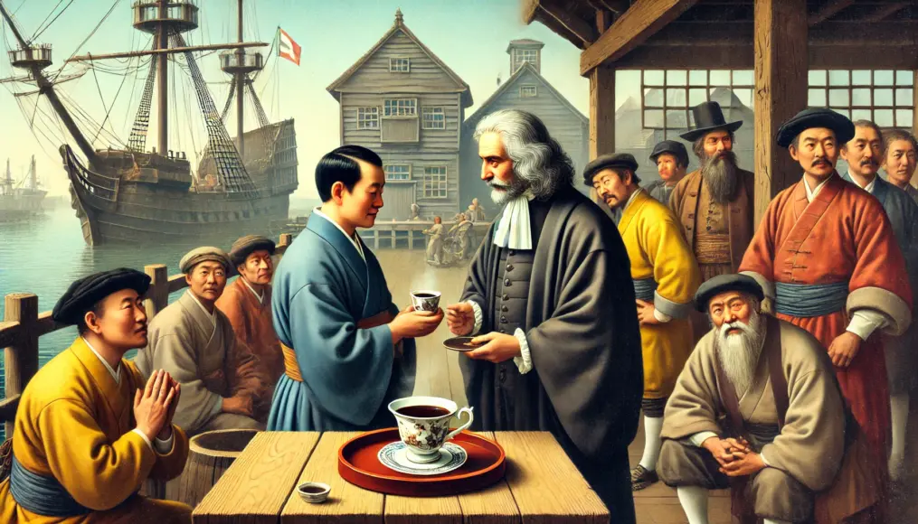 A Dutch merchant at Dejima offering coffee to a Japanese official. A small porcelain cup filled with dark liquid sits on a wooden tray, while the Japanese official examines it with curiosity. Other merchants observe the exchange, discussing the unusual beverage.