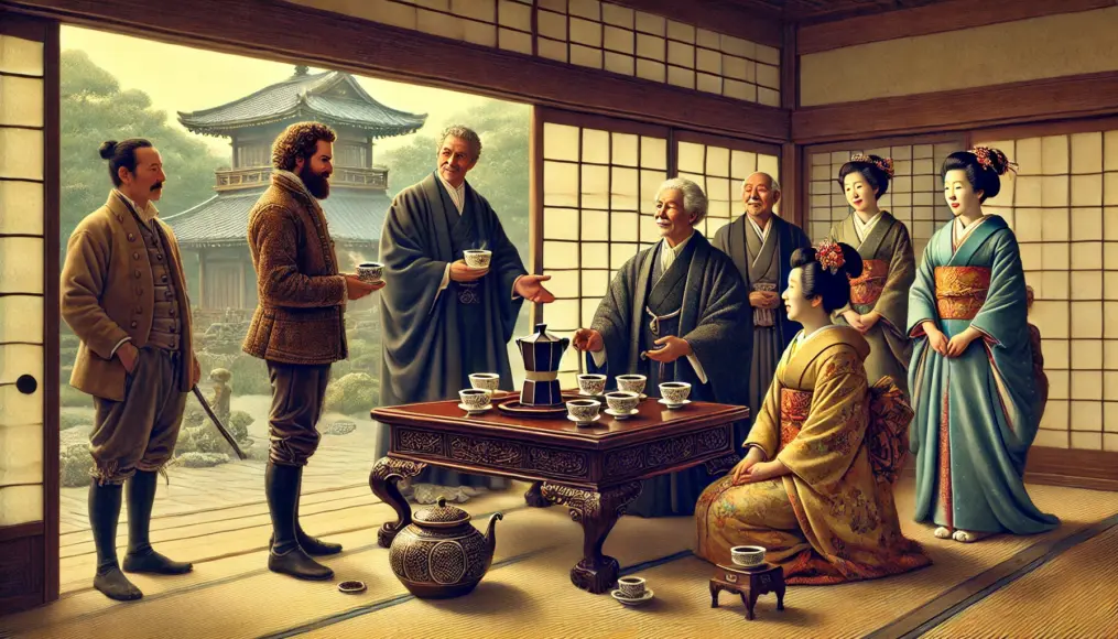 Foreign merchants and Japanese officials tasting coffee in Edo-period Japan. Inside a traditional tatami room, a lacquered table holds foreign-style coffee cups. The expressions of the Japanese officials convey curiosity and surprise as they cautiously sip the unfamiliar beverage. A Japanese garden is visible in the background, emphasizing the cultural exchange.