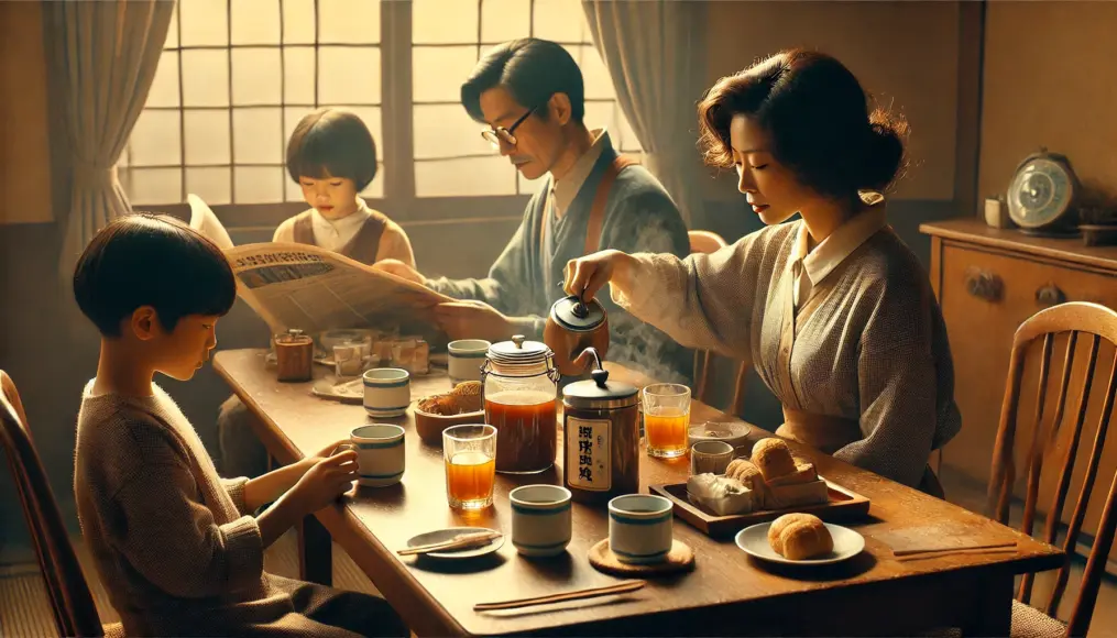 A typical Japanese household in the late Showa period enjoying breakfast. A table is set with a jar of instant coffee and steaming cups. A mother pours coffee while the father reads the newspaper. Soft morning sunlight filters through the curtains, creating a warm and cozy atmosphere.