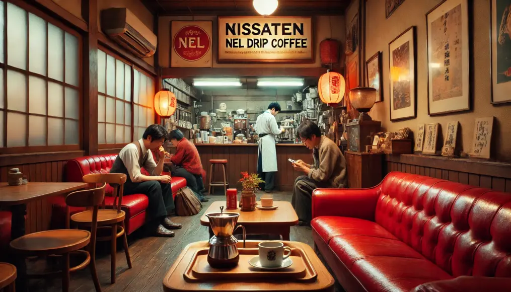 The interior of a traditional Japanese kissaten. Retro red sofas and wooden tables create a nostalgic atmosphere as customers enjoy nel drip coffee. Old posters decorate the walls, and in the background, the café master carefully brews coffee behind the counter.