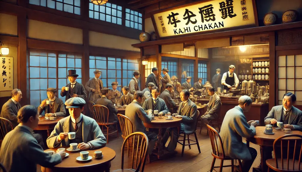 Inside the Meiji-era coffeehouse "Kahi Chakan." In a Western-style interior, gentlemen sit at wooden tables, sipping coffee while engaged in animated conversation. A sign outside reads "珈琲," marking the establishment as a symbol of Japan’s cultural transformation.