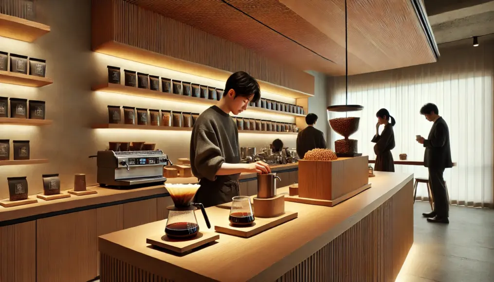 A modern Japanese coffee shop. A simple wooden counter stands at the center, where a barista carefully prepares a hand-drip coffee. Shelves behind the counter display carefully selected specialty coffee beans, while customers sniff the aroma before making their orders.