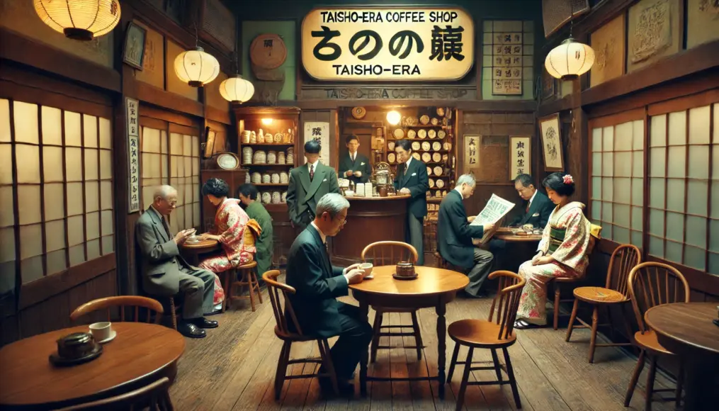 A Taisho-era café. Wooden round tables and an eclectic blend of Western and Japanese decor create a distinctive atmosphere. A woman in a kimono sips coffee while chatting with a friend, while a gentleman in a suit reads a newspaper. Outside, a vintage sign displaying the kanji for 'coffee' hangs by the entrance.