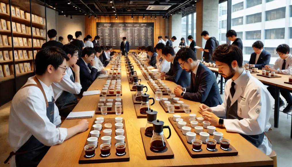 A specialty coffee tasting event. On a long wooden table, cups are neatly lined up as baristas carefully evaluate the aroma and taste of different coffees. A board in the background highlights coffee-growing regions worldwide, and attendees eagerly listen to explanations about each variety.