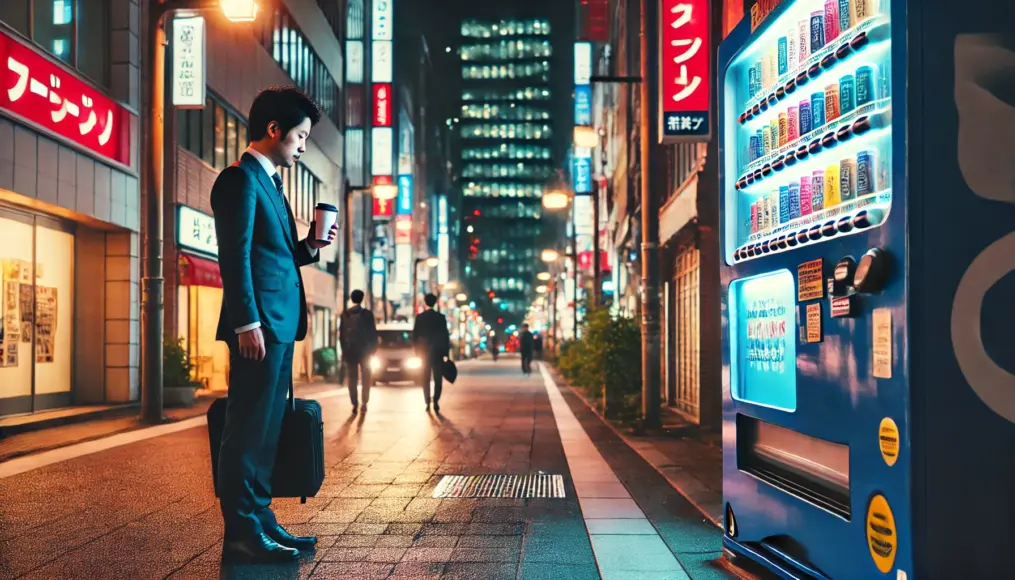 A businessman standing in front of a Japanese vending machine. A man in a suit retrieves a can of coffee, taking a short break. The background features urban buildings and neon lights, showcasing a distinctly Japanese cityscape.