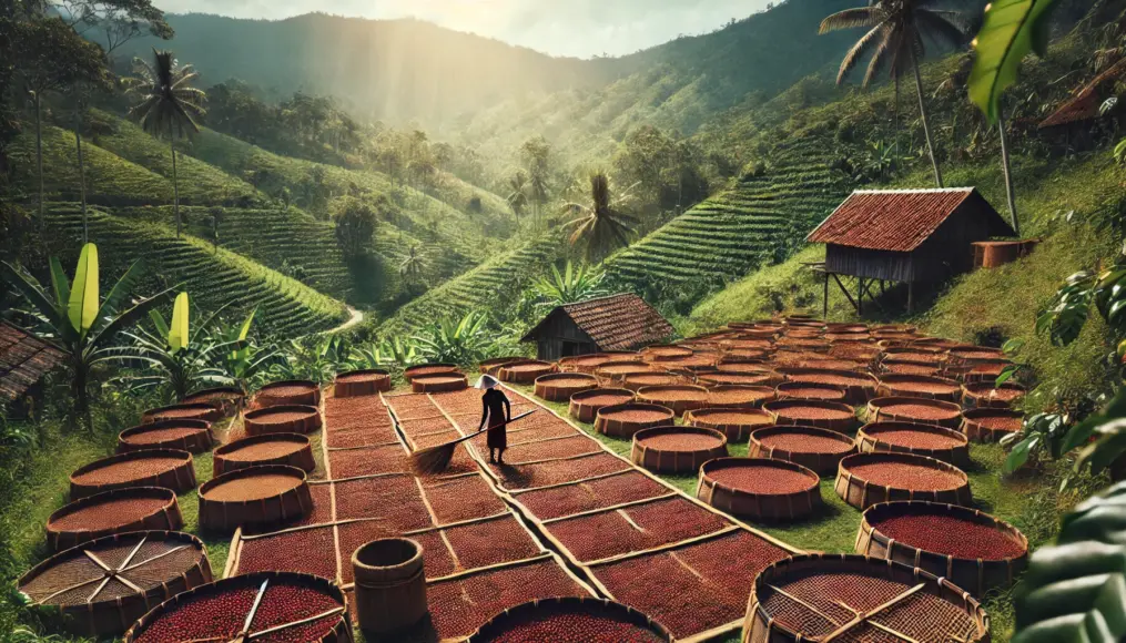 A traditional coffee farm in Java. Hand-harvested coffee cherries being sun-dried in a drying area.