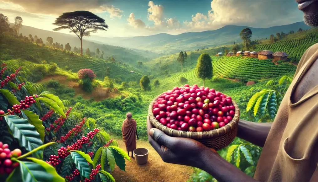 A Kaffa farmer holding freshly harvested coffee cherries