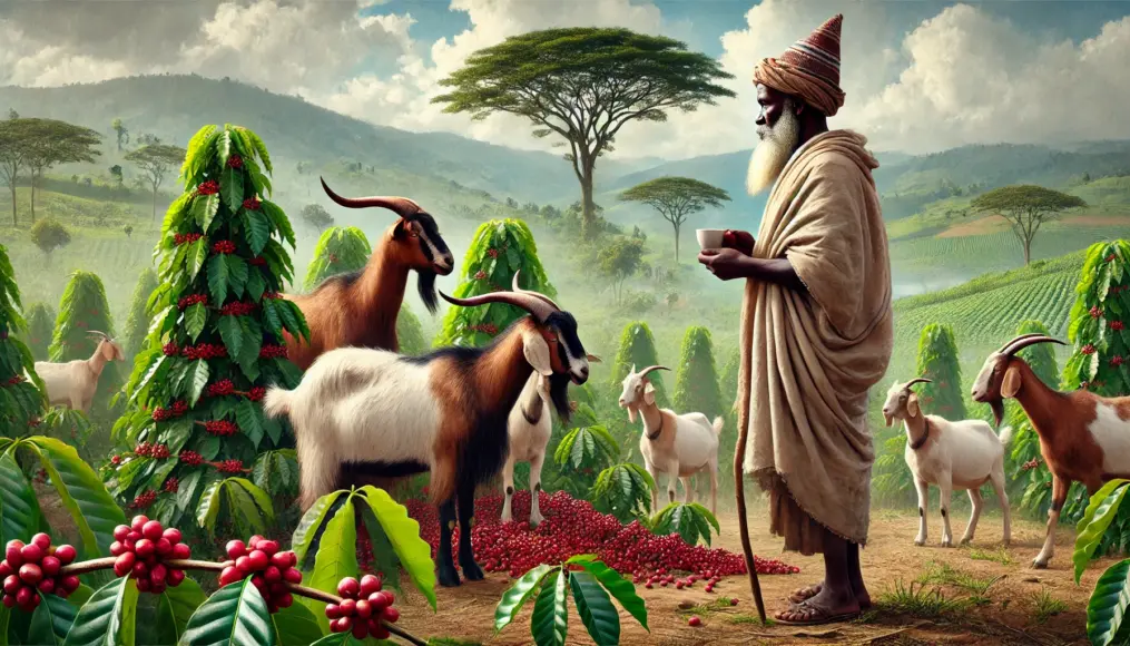 An illustration of Kaldi and his goats in the fields