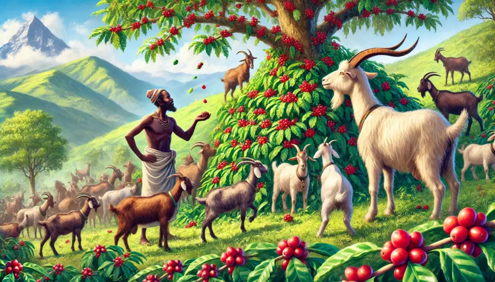 An illustration of Kaldi and his goats