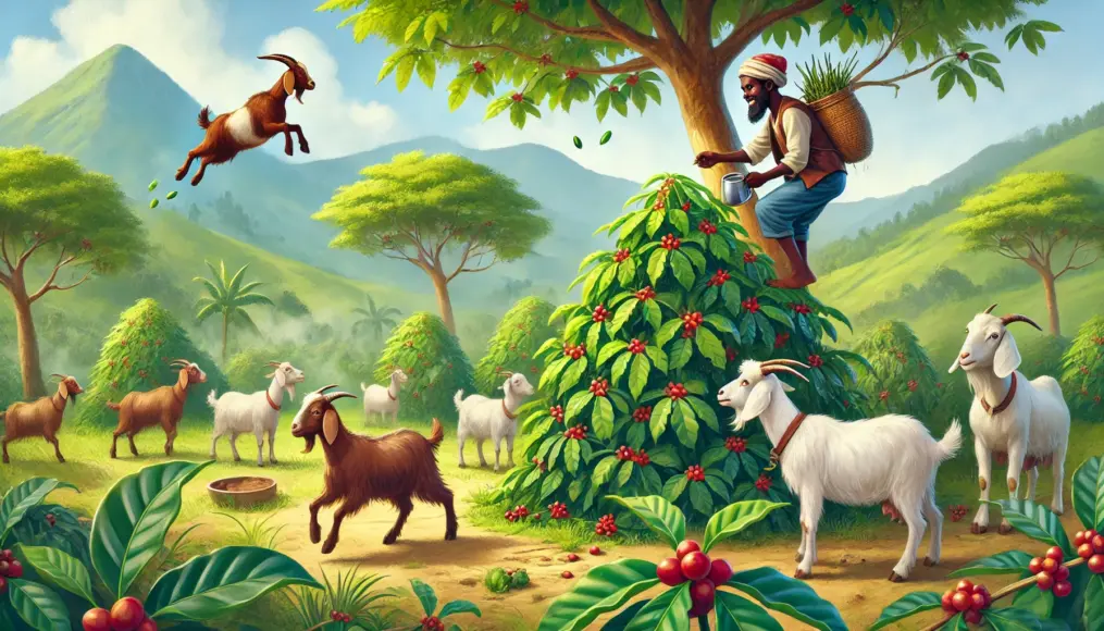 A scene in the Ethiopian highlands where goat herder Kaldi discovers coffee plants. Nearby, goats are seen eating the cherries and energetically leaping around. A realistic depiction of this legendary moment.