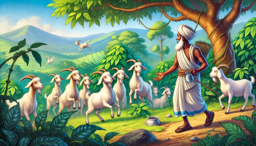 An illustration of Kaldi and his dancing goats