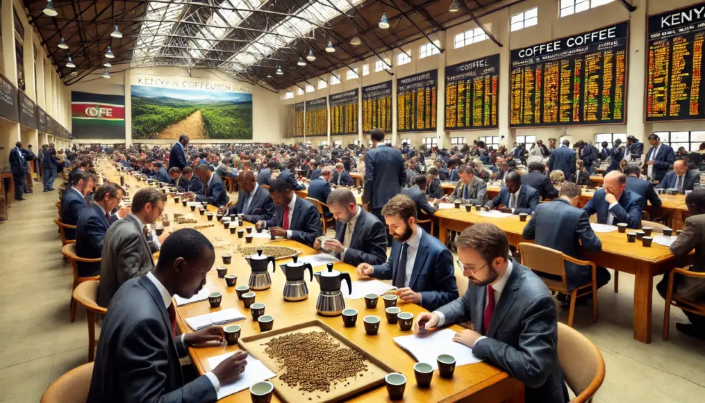 A Kenyan coffee auction with buyers from around the world. Buyers carefully taste coffee samples lined up on a long table, evaluating their quality. In the background, a board displays information about different coffee-growing regions.