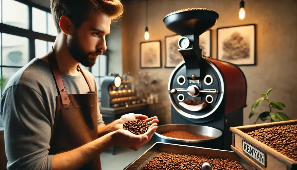 A barista checking the roast level of Kenyan coffee beans in front of a roasting machine. Carefully monitoring color and aroma, they ensure precision in the roasting process. In the background, freshly roasted coffee beans are spread across the counter.