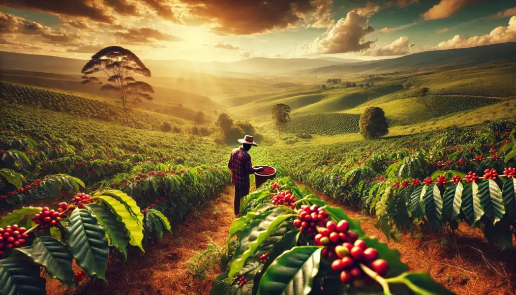 A vast Kenyan coffee farm. A farmer carefully handpicks ripe, red coffee cherries from densely packed branches. In the distance, rolling green hills stretch under a warm climate, showcasing the richness of Kenya's coffee-growing landscape.