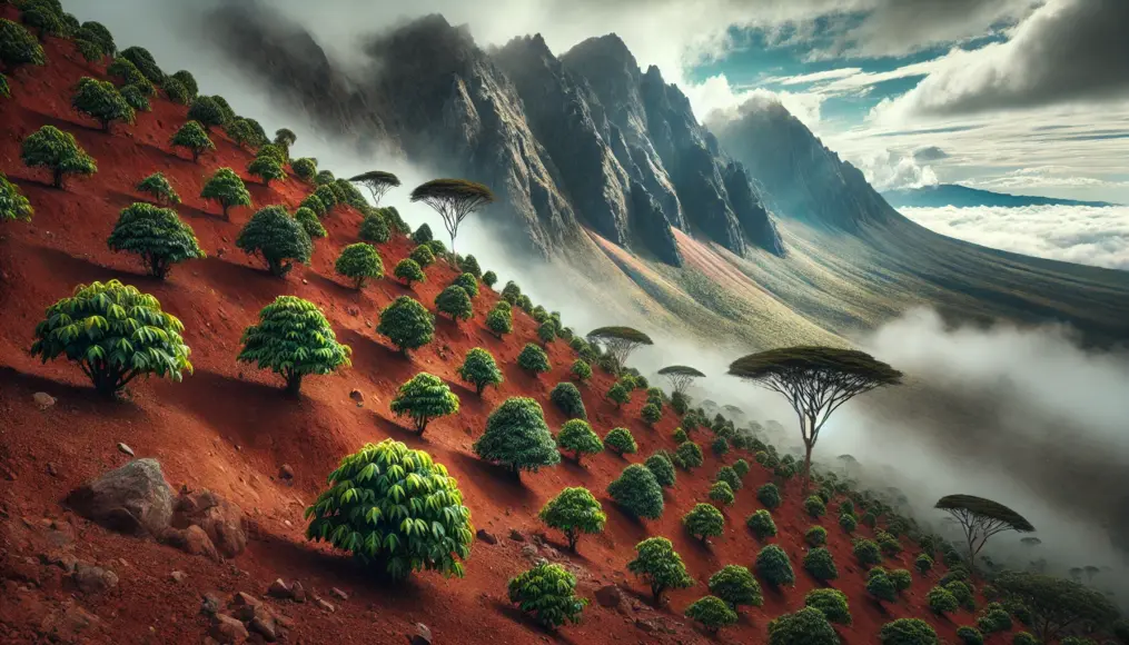 A high-altitude Kenyan coffee farm. Neatly arranged coffee trees cover steep slopes, with rich volcanic red soil contrasting against the lush green fields. In the background, mist-covered mountains emphasize the elevation and unique growing conditions.