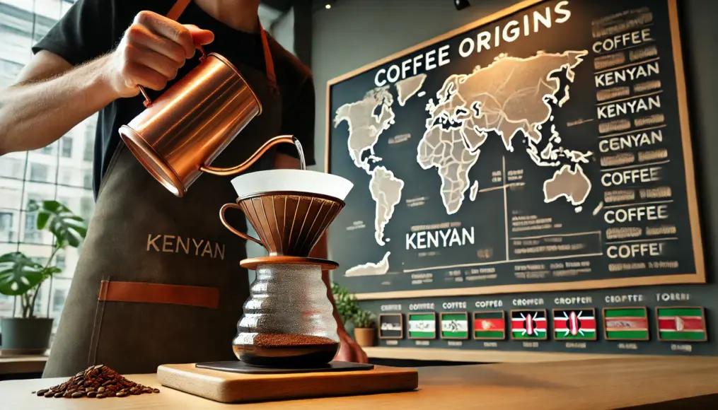 A barista pouring hot water slowly over Kenyan coffee grounds in a dripper. The precise pour technique ensures a balanced extraction. In the background, a board displays coffee origins, providing an educational experience for customers.