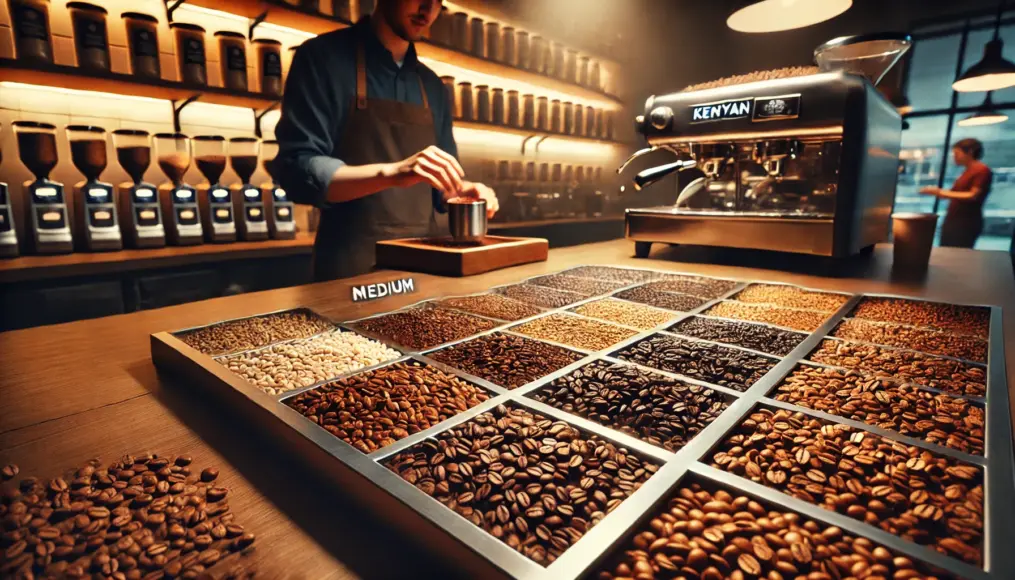 A counter displaying roasted Kenyan coffee beans. The beans are arranged in order from light to medium to dark roast, showing their color differences. In the background, a barista carefully inspects the roast levels.