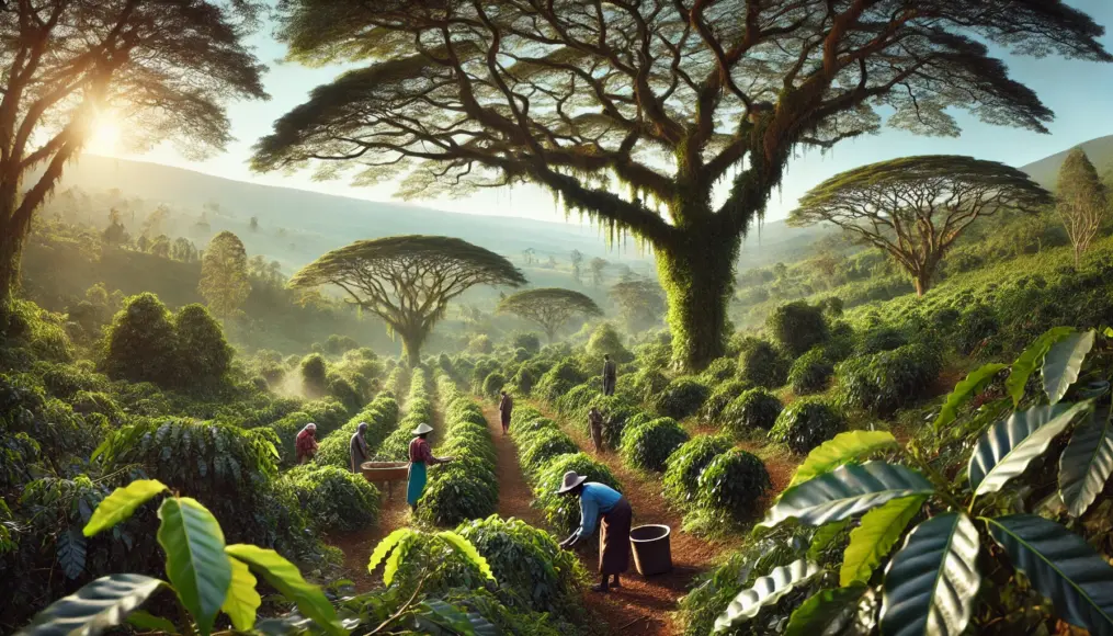 An organic coffee farm in Kenya. A lush green landscape where farmers tend to coffee plants growing under the shade of larger trees. The scene highlights the harmony between coffee cultivation and nature.