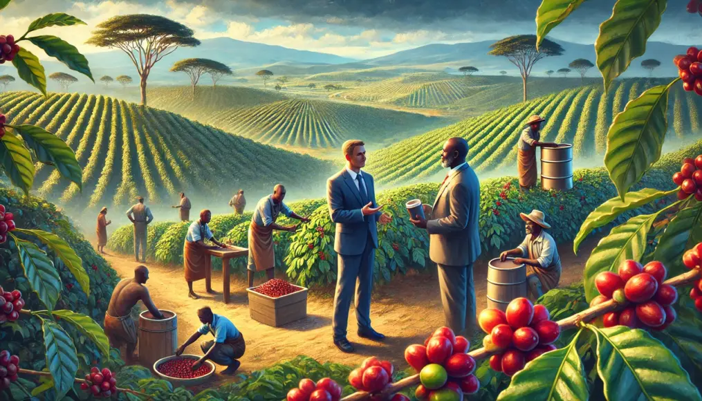 A direct trade negotiation between coffee buyers and farmers in Kenya. They examine freshly harvested coffee cherries while discussing quality and pricing. In the background, a vast coffee farm stretches into the distance, with workers tending to the coffee plants.