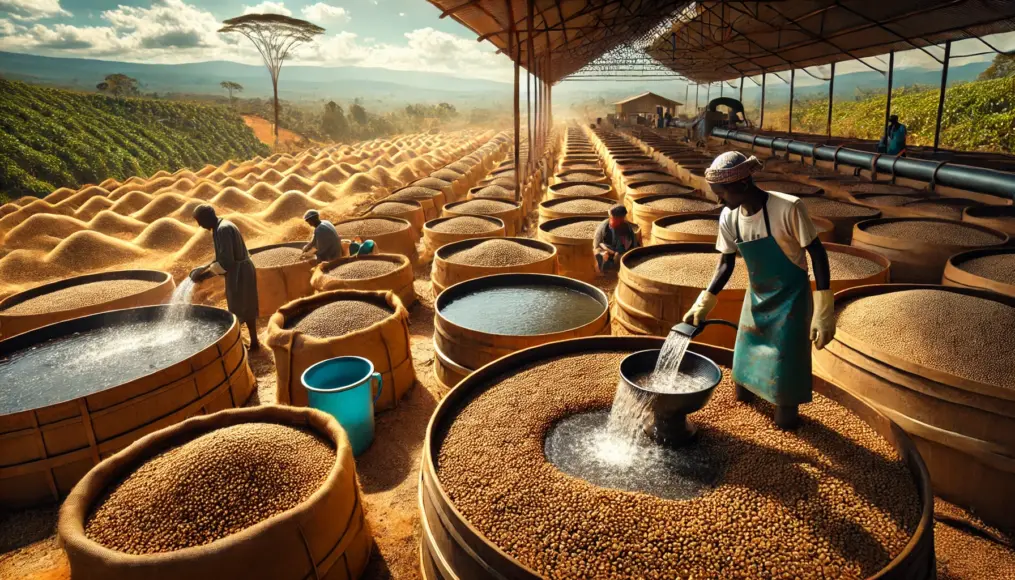 A Kenyan coffee washing station. Fermentation tanks are filled with freshly processed coffee beans, undergoing fermentation. Workers carefully rinse the beans with flowing water, while in the background, large drying beds are lined with coffee beans drying under the sun.