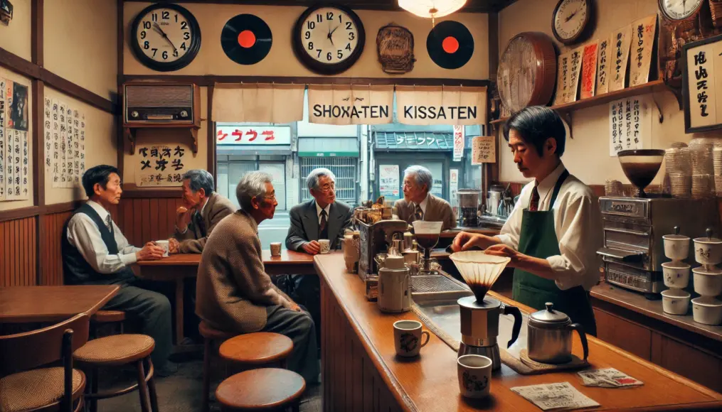 A retro kissaten counter. The shop owner is brewing coffee using a cloth drip method, while regular customers sit at the counter. The walls are adorned with old clocks and vinyl records, creating a nostalgic ambiance. Outside the window, a Showa-era shopping street is visible.