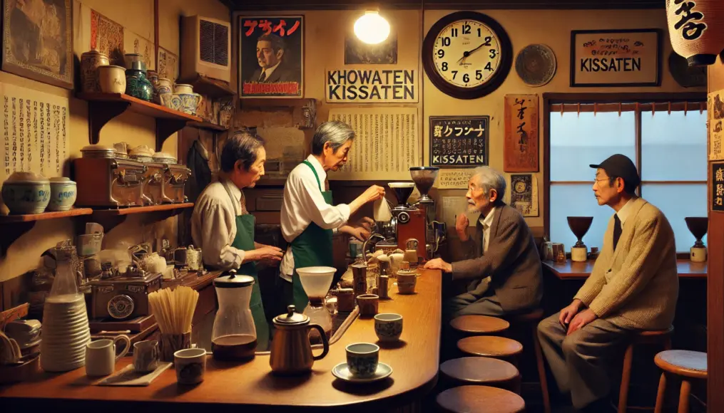 A classic kissaten counter. The owner carefully brews coffee using a cloth drip method, while regular customers enjoy their conversations. Vintage posters and records decorate the walls.