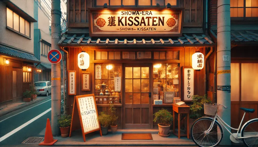 A Showa-era retro kissaten exterior. A wooden building with a classic signboard, and potted plants decorating the entrance. The warm glow of the evening enhances the cozy atmosphere of the shop.