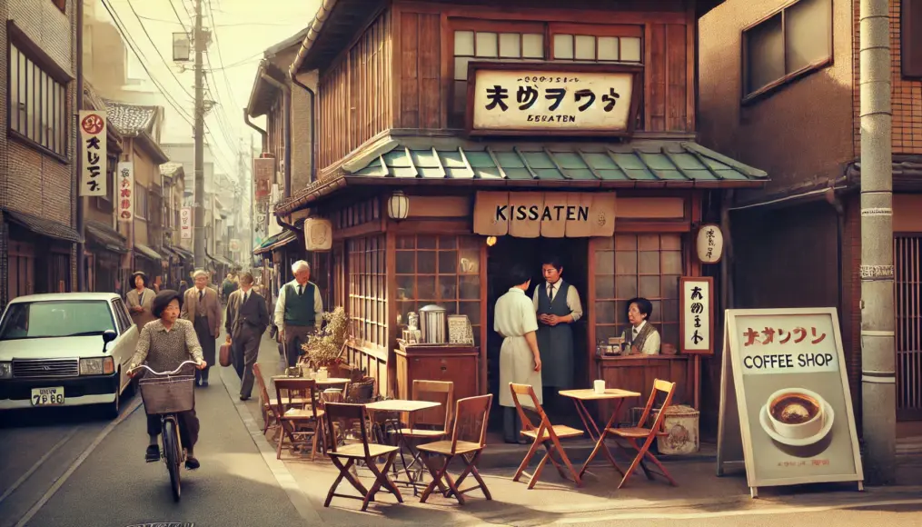 A traditional Japanese kissaten in a Showa-era cityscape. A wooden building with a retro signboard, small tables and chairs set outside the shop, and pedestrians curiously peeking inside. The scene exudes a nostalgic and peaceful atmosphere.