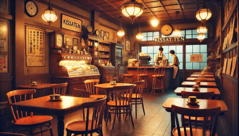 A cozy kissaten interior. Wooden chairs and tables arranged neatly, with antique-style lighting adding warmth. At the counter, the shop owner carefully brews coffee.