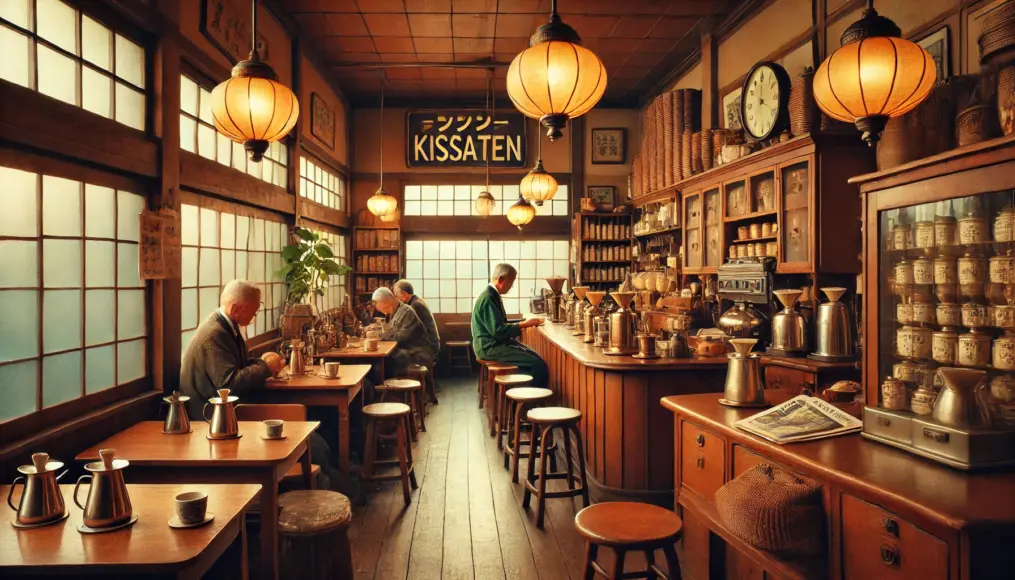 The interior of a Showa-era kissaten. Wooden furniture, warm lighting, and a cozy atmosphere. Regular customers reading newspapers, others quietly enjoying coffee. A counter filled with cloth drip coffee equipment.