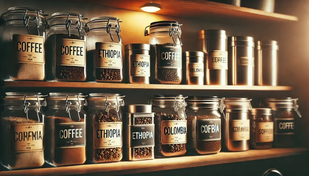 Coffee storage containers on a kitchen shelf