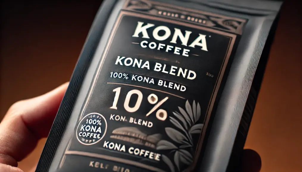 A Kona Blend coffee package showing the "10% Kona" label The design emphasizes the word "Kona," making it appear to be 100% Kona coffee at first glance However, a small label stating "10% Kona Blend" reveals the true content, potentially misleading consumers