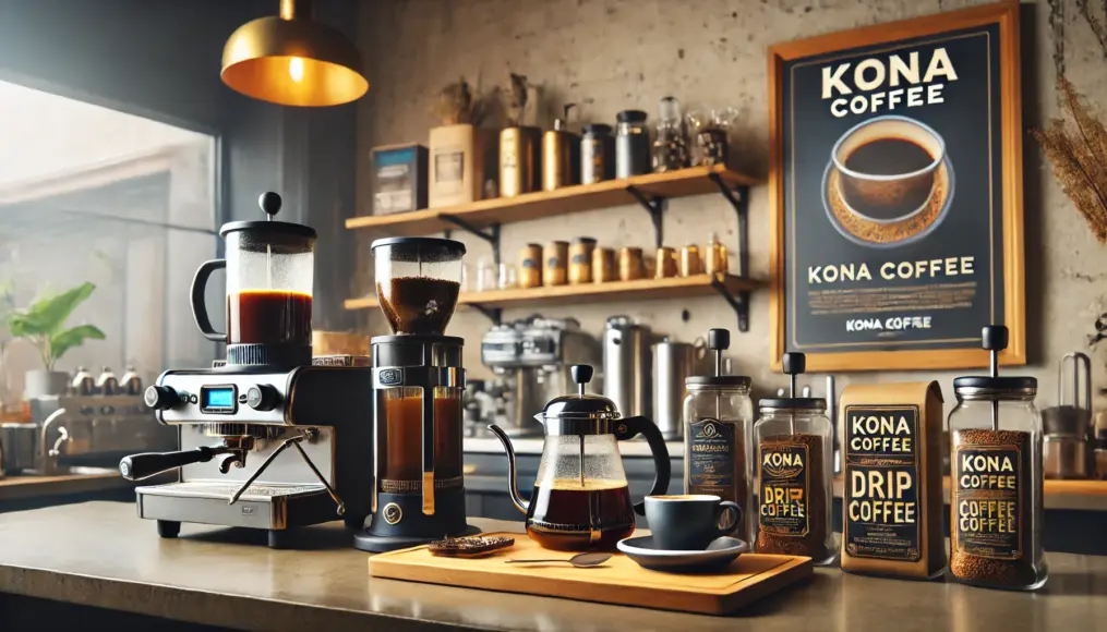 A coffee shop counter displaying various brewing equipment, including a French press, drip coffee maker, and espresso machine